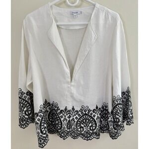 Chico's White Linen Open Front Jacket Size 3 XL Black Embroidered Scallop Hem